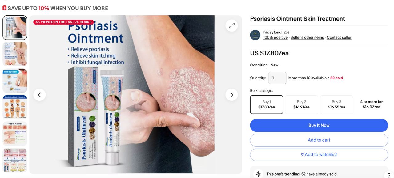 antara barang Malaysia yang laku di eBay adalah ubat psoriasis.

116 unit ubat ini terjual di laman eBay USA sejak 30 hari lalu dengan harga purata USD 16.92 @ RM79.08 sen per item