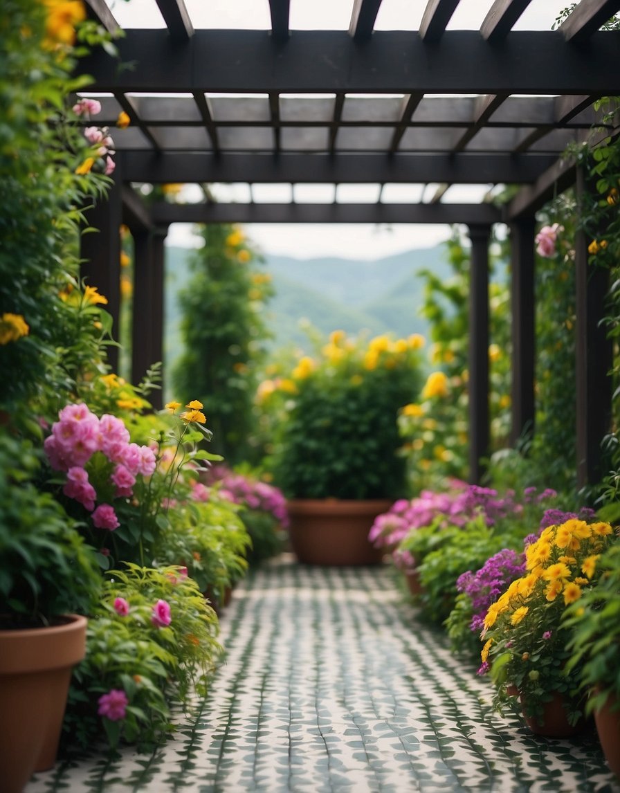 A pergola stands with patterned tile floor, surrounded by lush greenery and blooming flowers