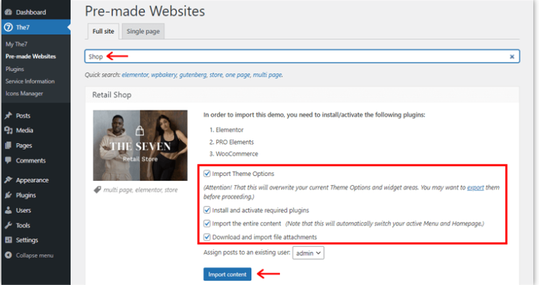 Click import content 
