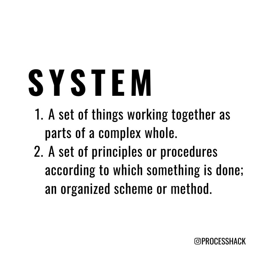 System
1. A set of things of woprking together as parts of a complex whole. 
2. A set of principles or procedures according to which something is done; an organized scheme or method.