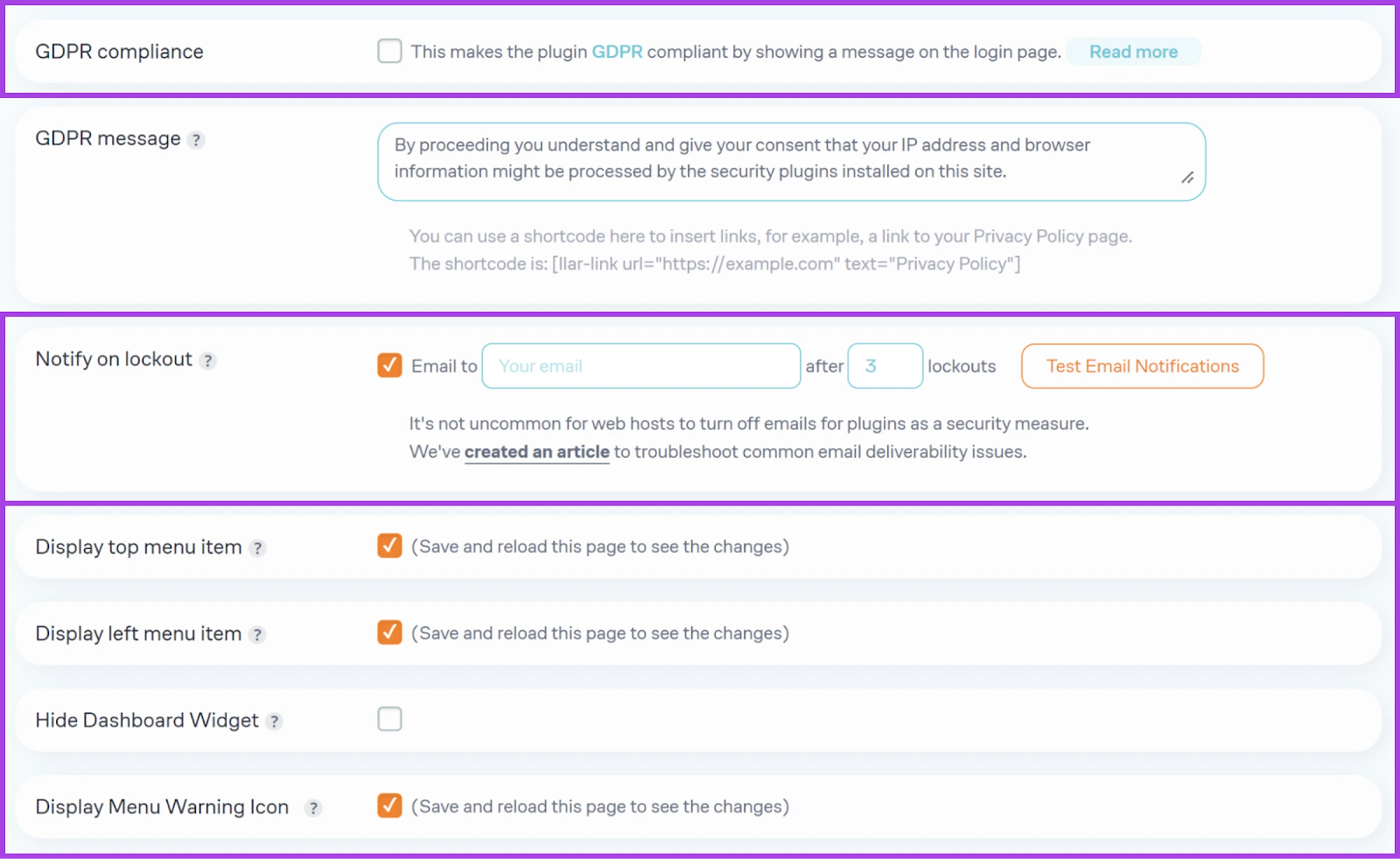 Configuraciones generales con cumplimiento de GDPR, alertas por correo electrónico, opciones de menú, seguridad, ícono de advertencia, etc. resaltados.