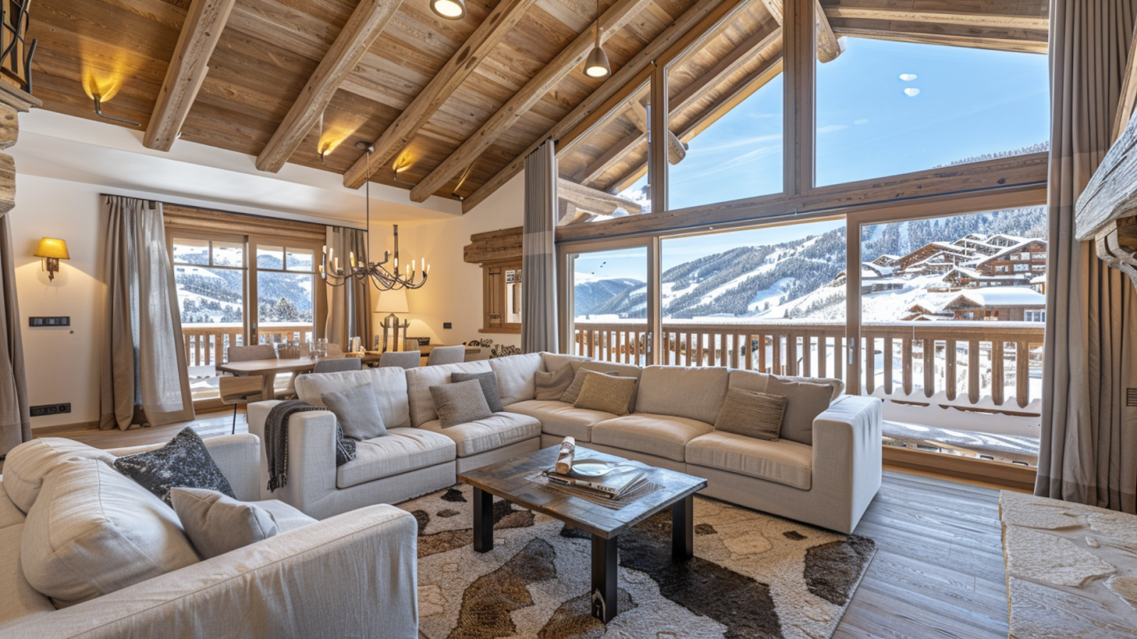 A living area with couches and a center table designed with floor-to-ceiling glass windows with views of the French Alps.