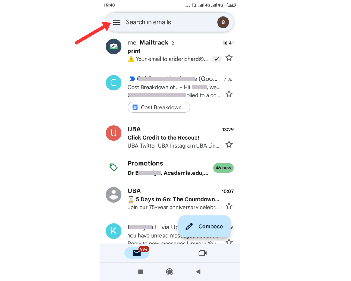 Steps to set up a Gmail account on mobile devices for follow-up reminders - open the Gmail app and click the more options 