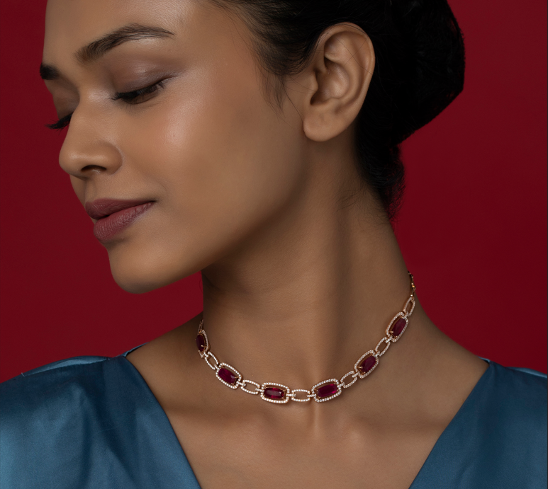 Elegant rose gold necklace with sparkling ruby gemstones | CKC Jewellers