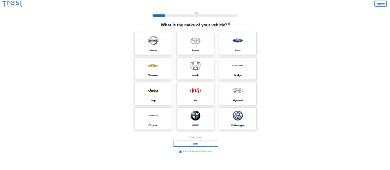 A screenshot of a computer screen showing Tresl's refinancing signup with vehicle make selection