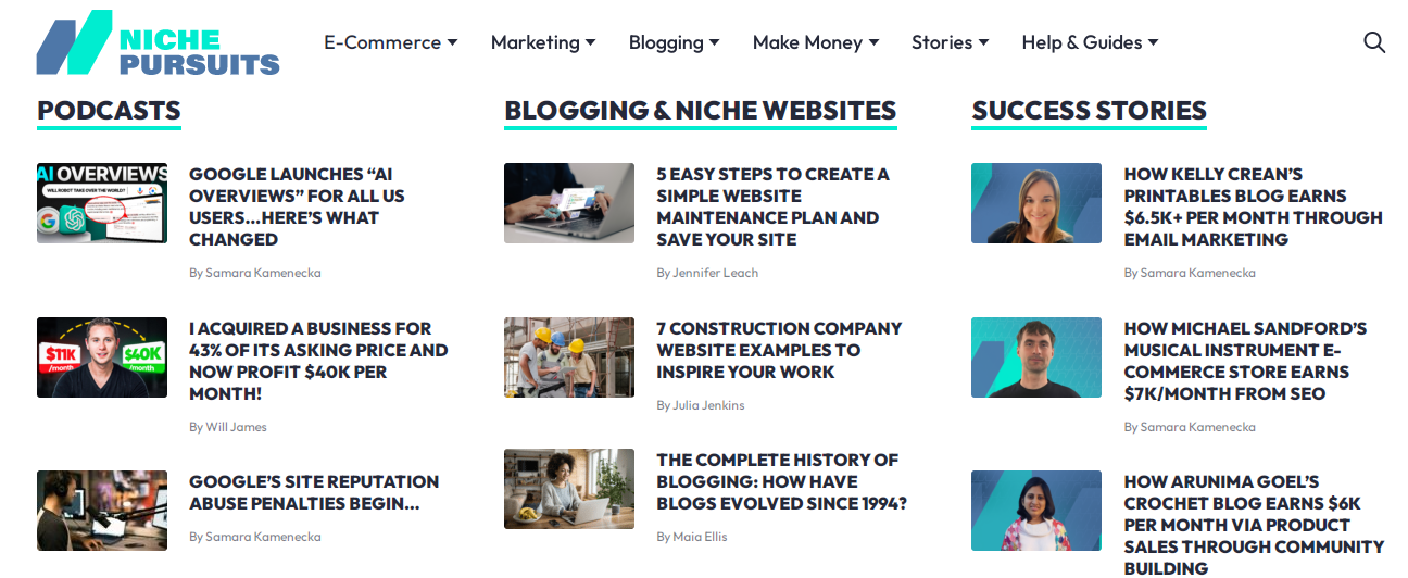 Homepage of Niche Pursuits - one of the best business blogs