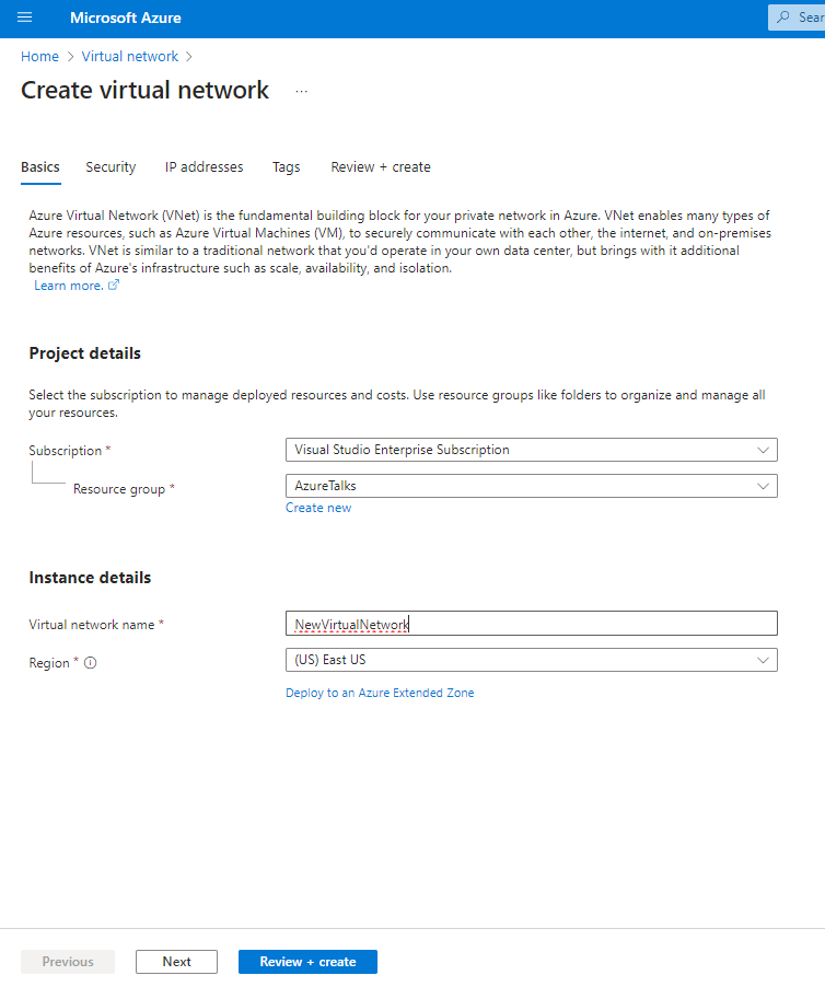 Create Virtual network Azure