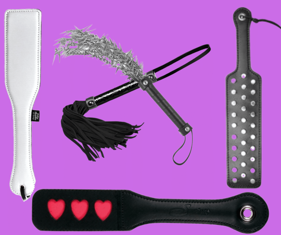 How paddles, floggers and whips work: showing several types of BDSM toys
