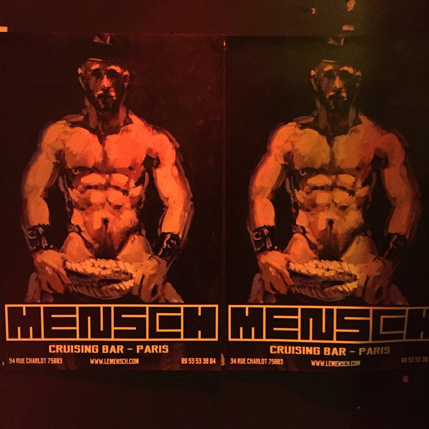 gay fetish poster artwork of shirtless leather daddy with leather kink hat plastered in gay cruising par Le Mensch in paris