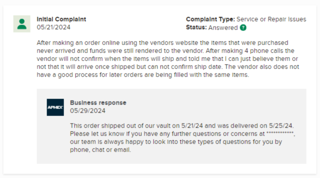 Another APMEX complaint on BBB