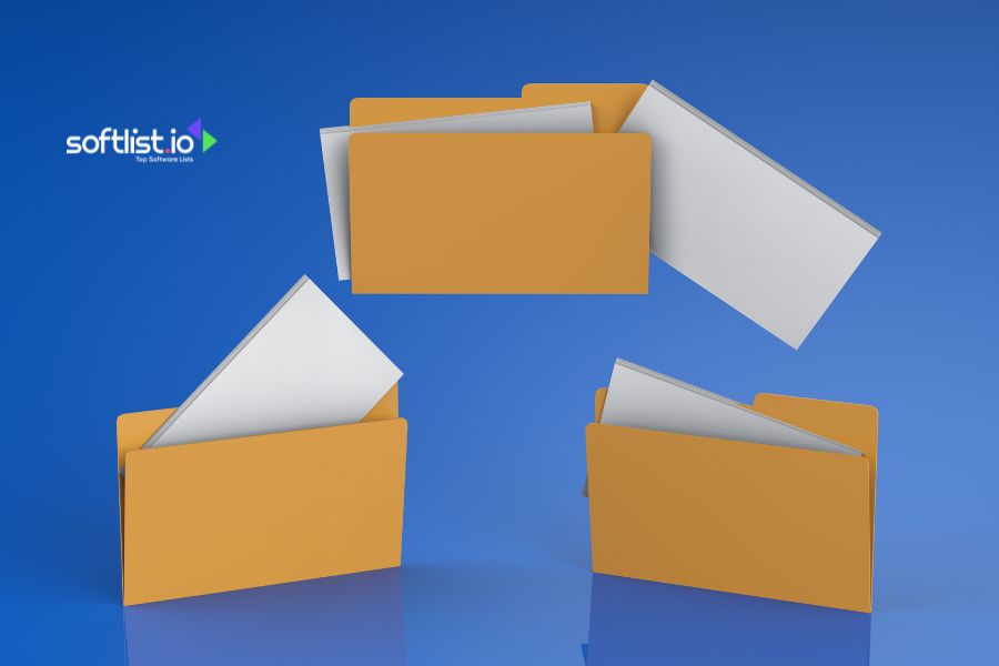 Floating folders transferring documents against a blue background.