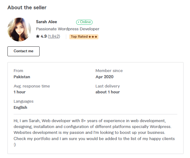 Sarah's Fiverr profile - the best WordPress developer on fiverr