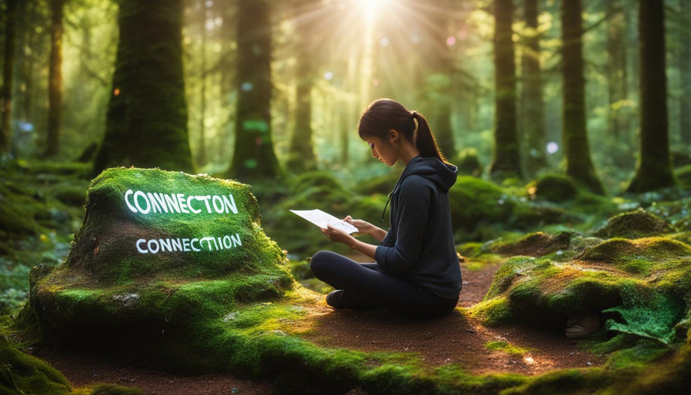 A serene forest setting with a person sitting on a mossy rock. The person is holding a piece of paper with the word "connection" written on it, while visualizing their desired outcome of being missed and texted by someone special. Nearby, there are colorful crystals and stones arranged in a circle, radiating positive energy towards the person. In the background, rays of sunlight peek through the trees, symbolizing hope and positivity.