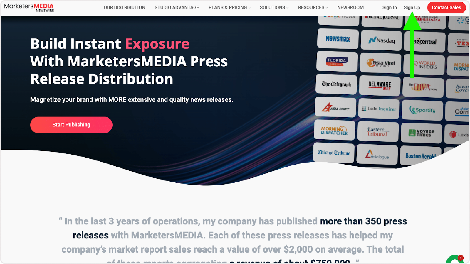 Screenshot of MarketersMEDIA Newswire homepage.