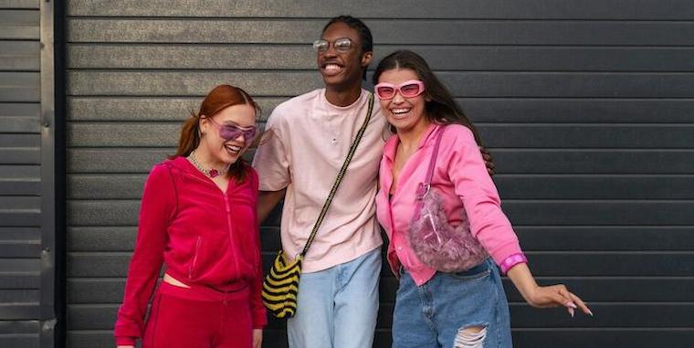 Três pessoas frente a um fundo escuro, vestindo roupas estilizadas dos anos 2000: uma delas veste um moletom vermelho e óculos rosa, a figura ao meio está vestindo uma camisa salmão, um jeans e uma bolsa de listras amarelas e pretas.