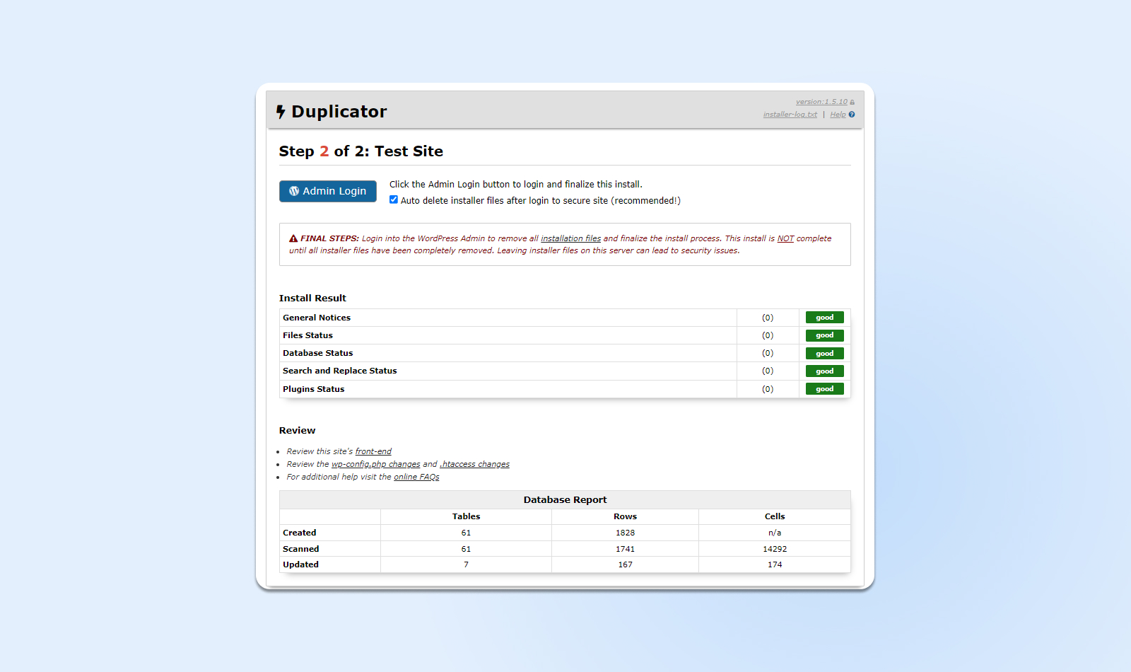 Captura de pantalla de la finalización de una migración de sitio con el plugin Duplicator