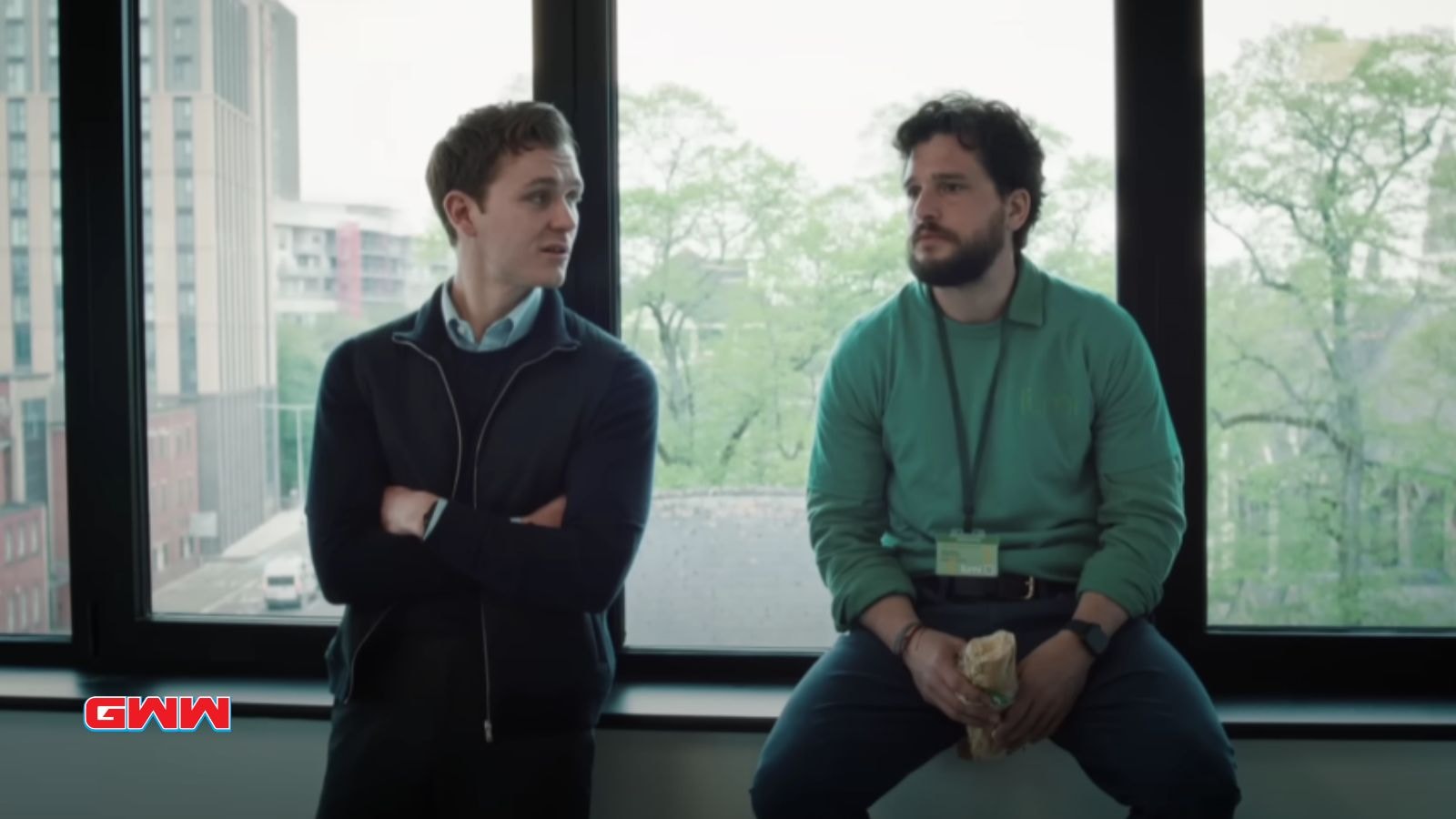 Industry Season 3: Harry Lawtey as Robert and Kit Harington as Henry Muck talking 