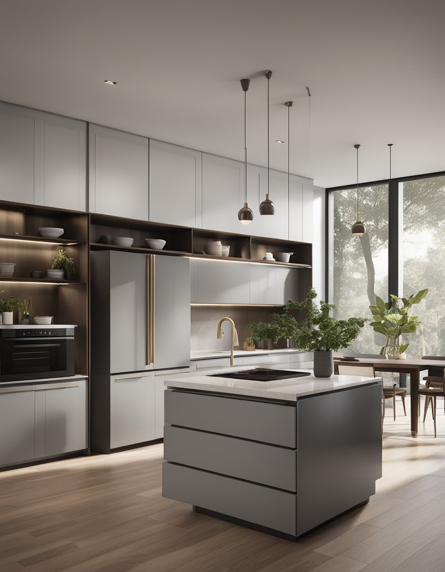 A sleek, glossy light gray kitchen cabinet with dark wood accents stands against a neutral backdrop, exuding modern elegance and sophistication