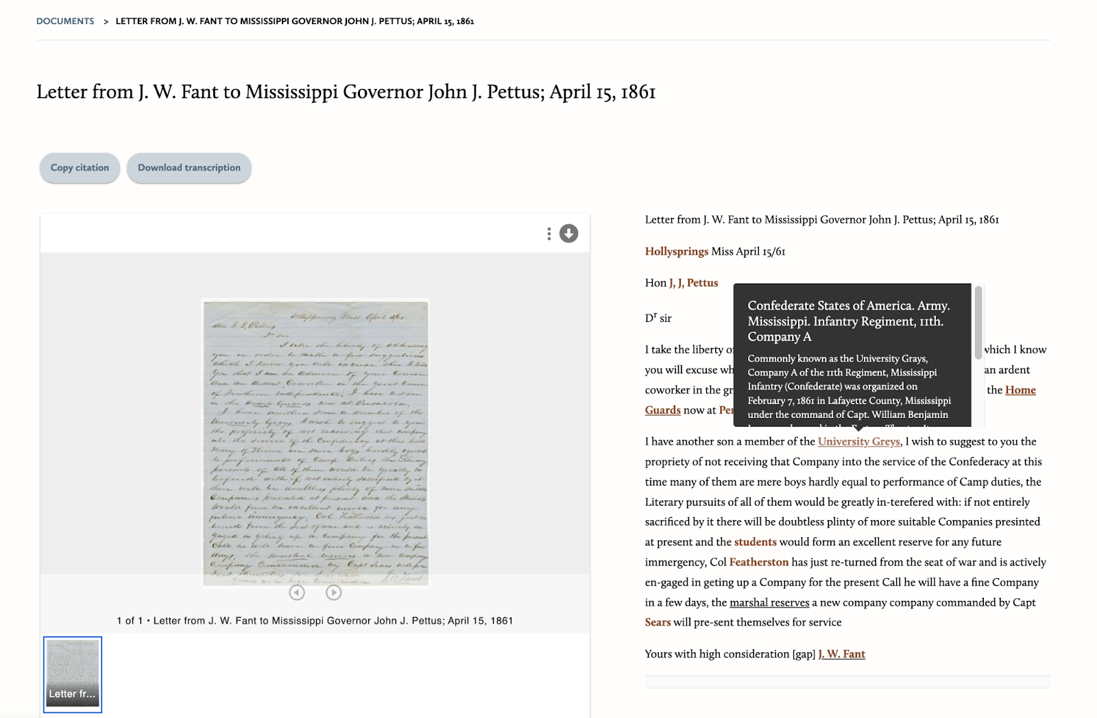 Screen capture of the Fant letter digitized, transcribed and annotated at cwrgm.org