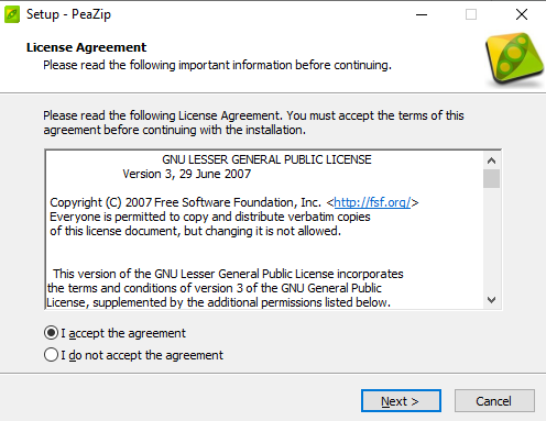 Accept the PeaZip Agreement