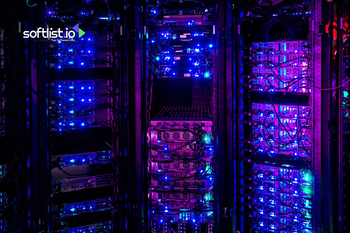 Server racks with vibrant blue and purple lighting in a data center