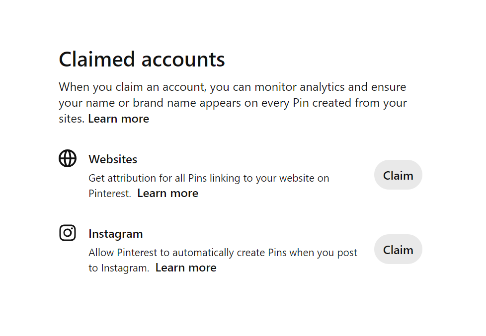 Screenshot of Pinterest setting before claiming website