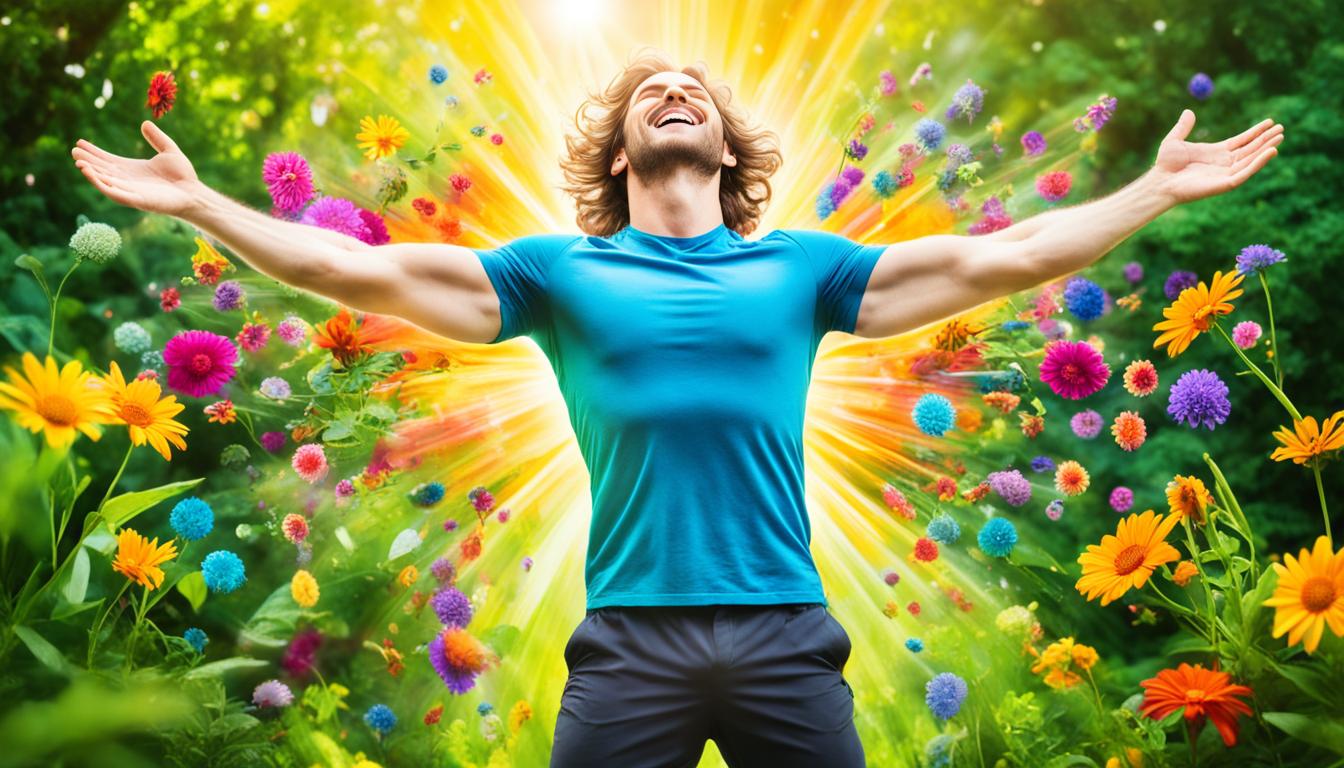 A colorful burst of energy radiating from the center of a person's chest, surrounded by vibrant flowers and lush greenery. The energy is attracting bright, happy things towards it like a magnet, while negative energy is repelled and fades into the background. The person stands confidently with their arms open, basking in the joy and abundance that surrounds them.