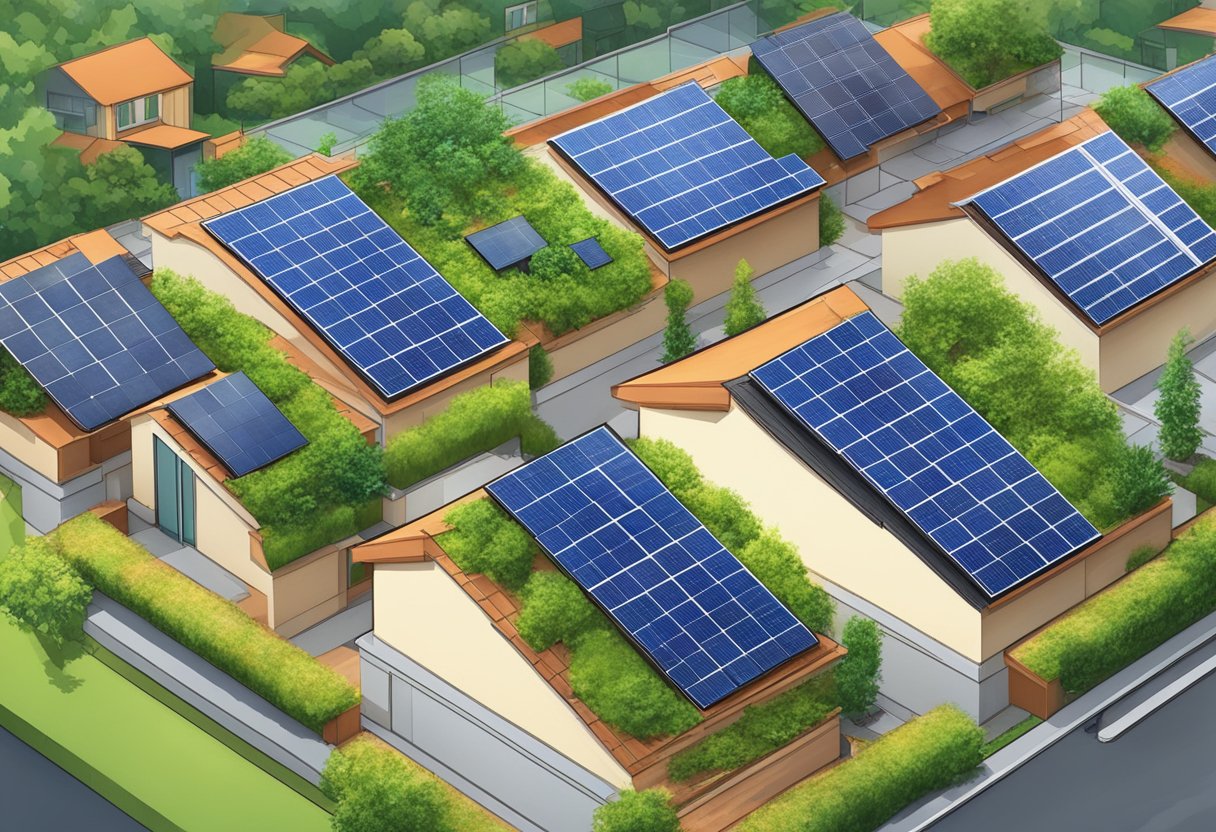 A rooftop with solar panels, green plants, and rainwater collection system in a suburban neighborhood