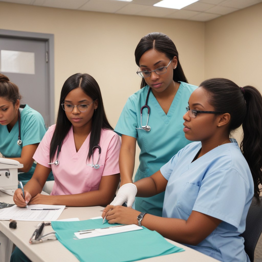 Medical assistant student with senior nurse 