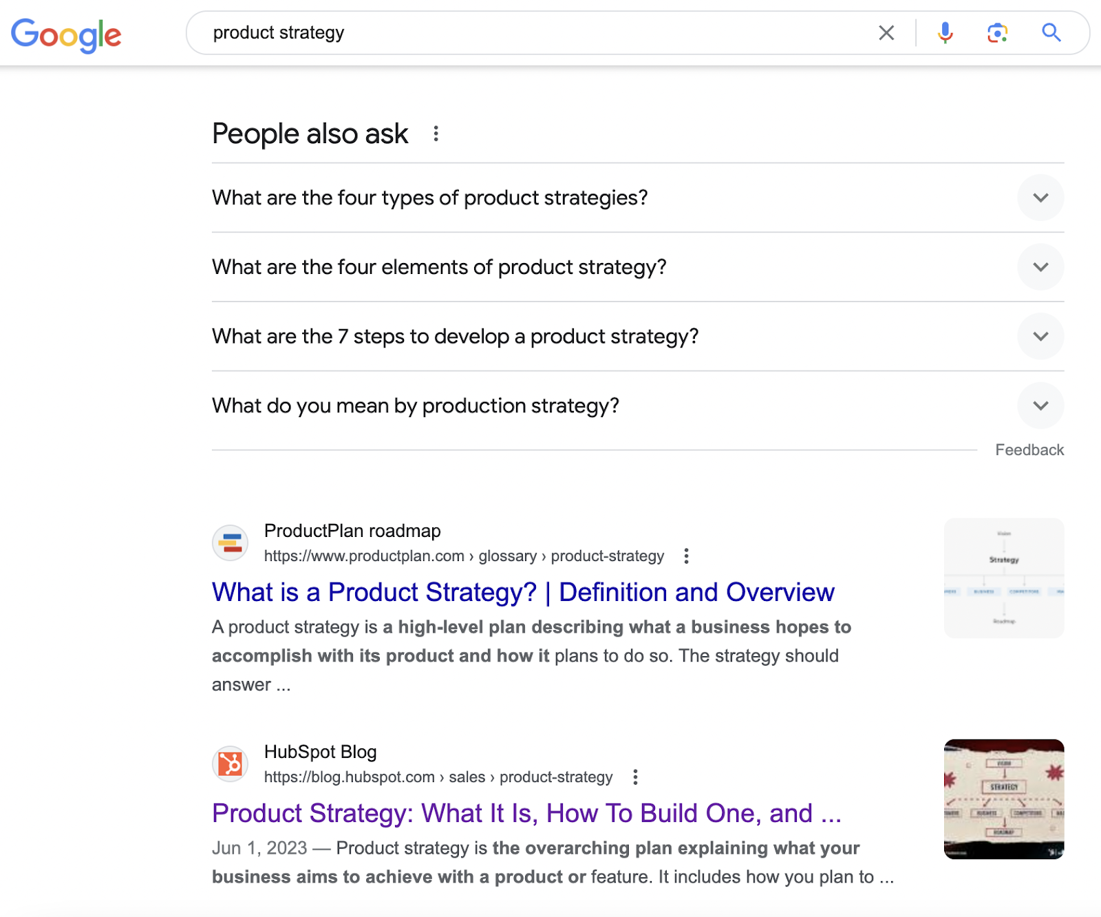 A screenshot from Google for the query "product strategy", the first section has a "people always ask" FAQ section followed by search engine results. 