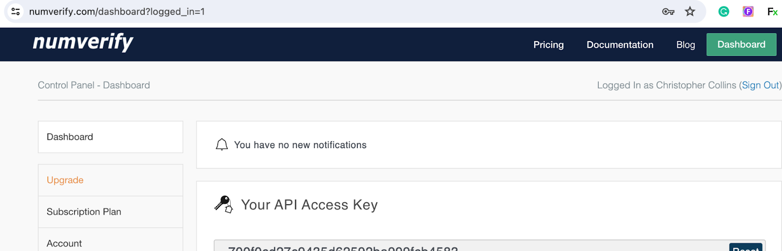 Numverify phone verification API dashboard