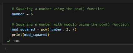 Example output of Python square using pow() function with modulo argument.
