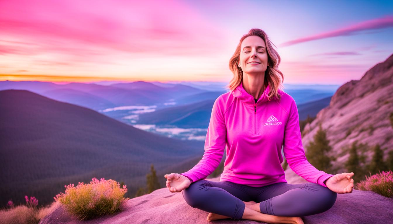 A person sits cross-legged on a mountain top at sunrise, surrounded by serene nature. Their eyes are closed, and they have a peaceful expression on their face. Surrounding them is a soft pink glow, radiating from their heart chakra. Above them, the sky is painted with vibrant pinks and oranges, signifying a new beginning. In front of them, a large heart-shaped crystal rests on a small stand, reflecting the rising sun's light. The person's hands rest gently on their lap, and they seem to be concentrating deeply on manifesting love into their life through meditation.