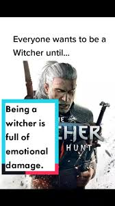 Snapshot of the Witcher Wild Hunt cover art with text overlaid Everyone wants to be a witcher until... There is an additional TikTok text box callout reading being a witcher is full of emotional damage. 