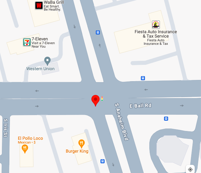 A screenshot of Anaheim Boulevard at Ball Road, one of the most dangerous Anaheim intersections.