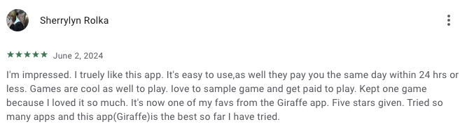 A 5-star Google Play review from a Cash Giraffe user who says the app is easy to use, fun, and pays quickly. 