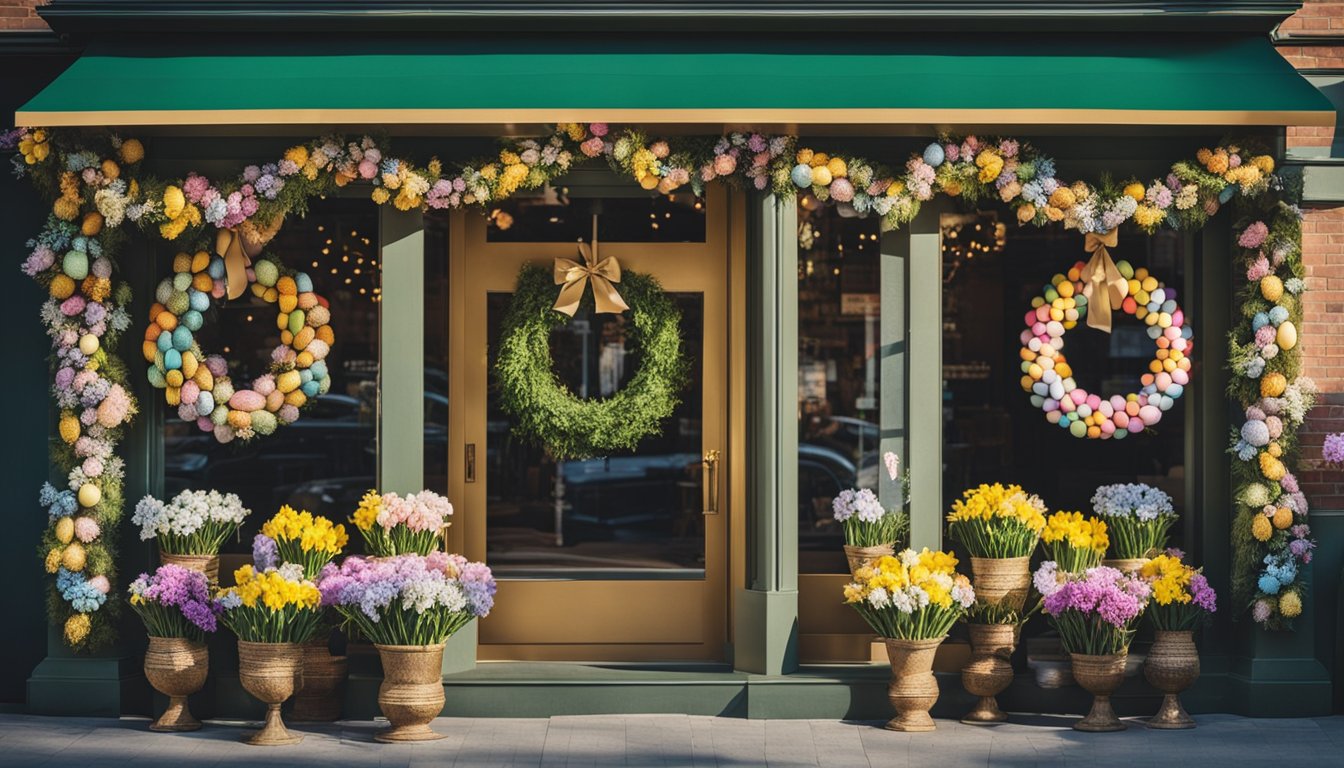 A colorful display of Easter wreaths adorns a storefront window, catching the sunlight and drawing in passersby with its festive and welcoming vibe