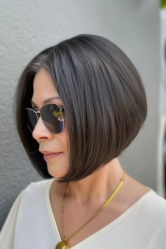 Side view of  a lady wearing the Angled Bob