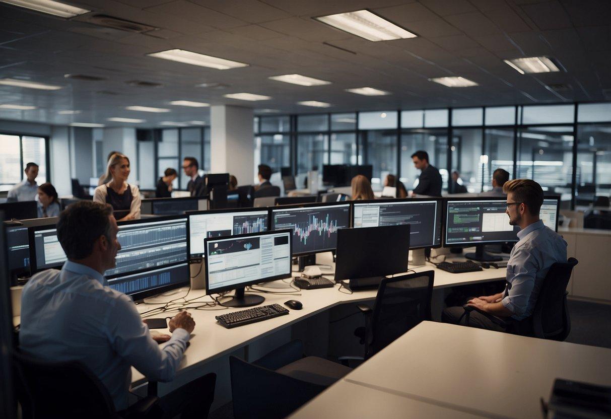 A busy office with computers and tech-related posters on the walls. A team of professionals discussing IT recruitment strategies