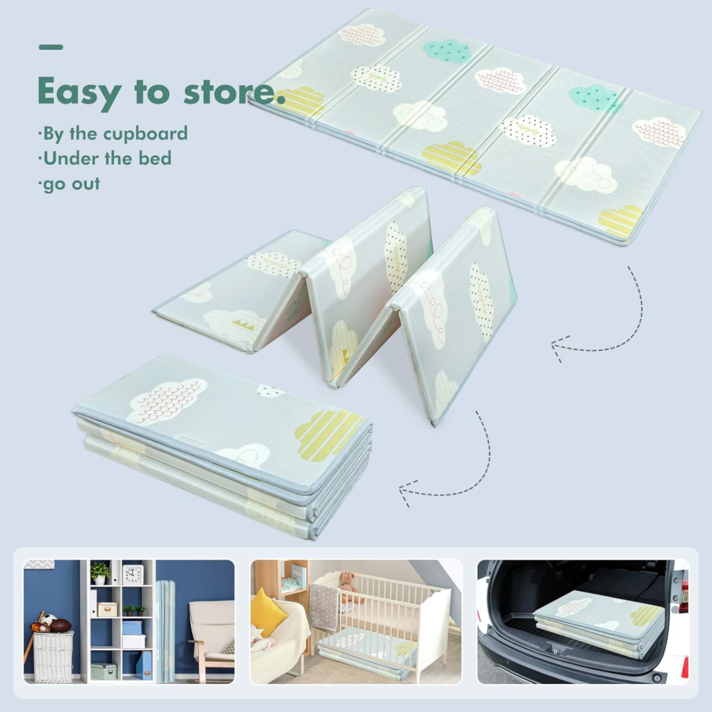 Baby Play Mat Foldability: Image demonstrating how the mat folds or rolls up for storage, highlighting its portability.