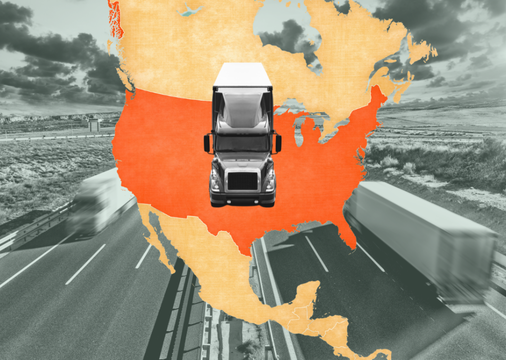 An image of a truck superimposed over an orange map of North America.