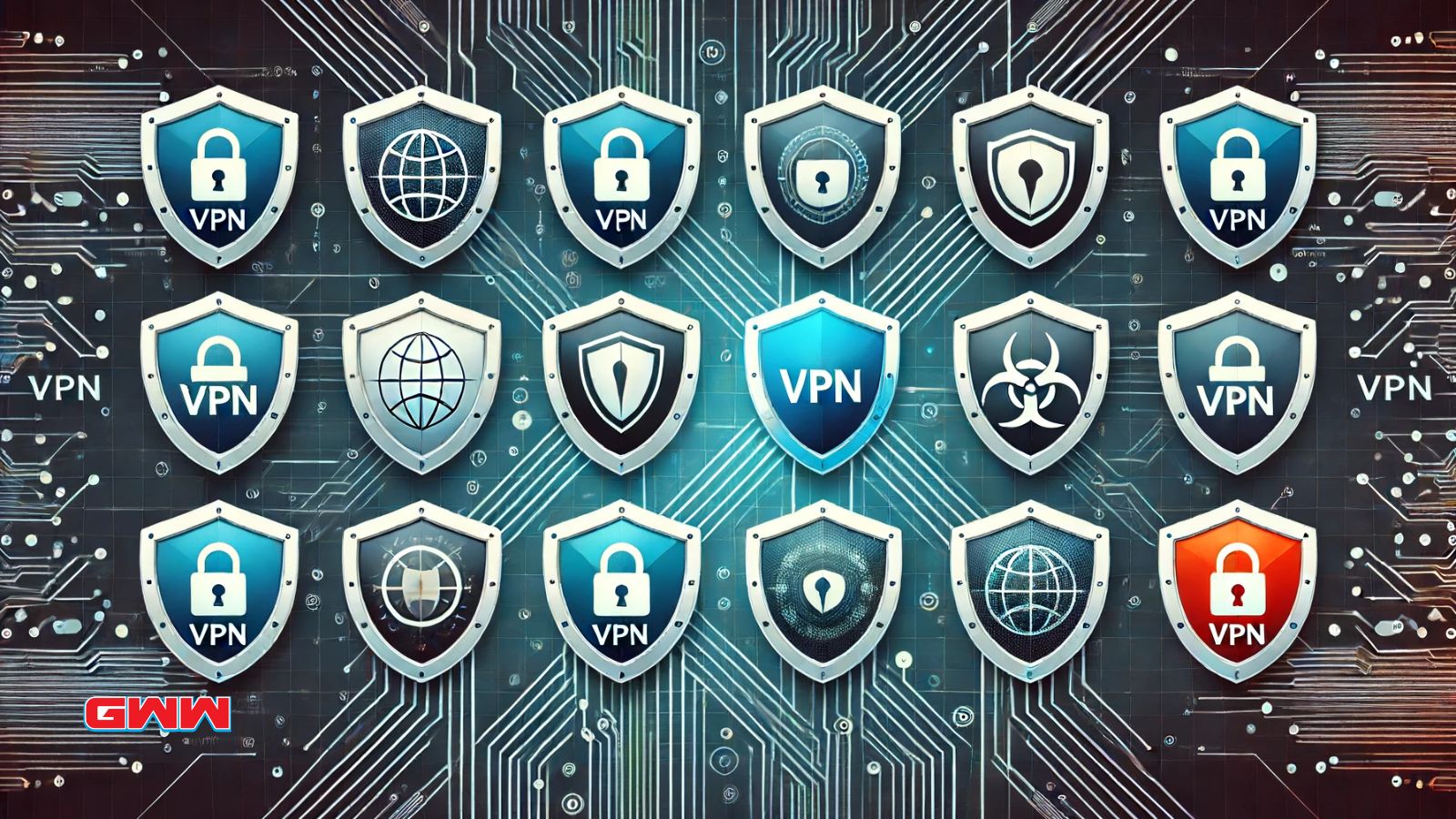 Top 10 VPNs represented by shields with unique symbols