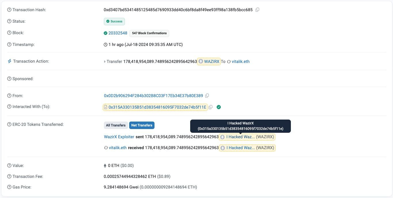 Hacker Sends 'I hacked WazirX’ Token to Vitalik, Source: EtherScan