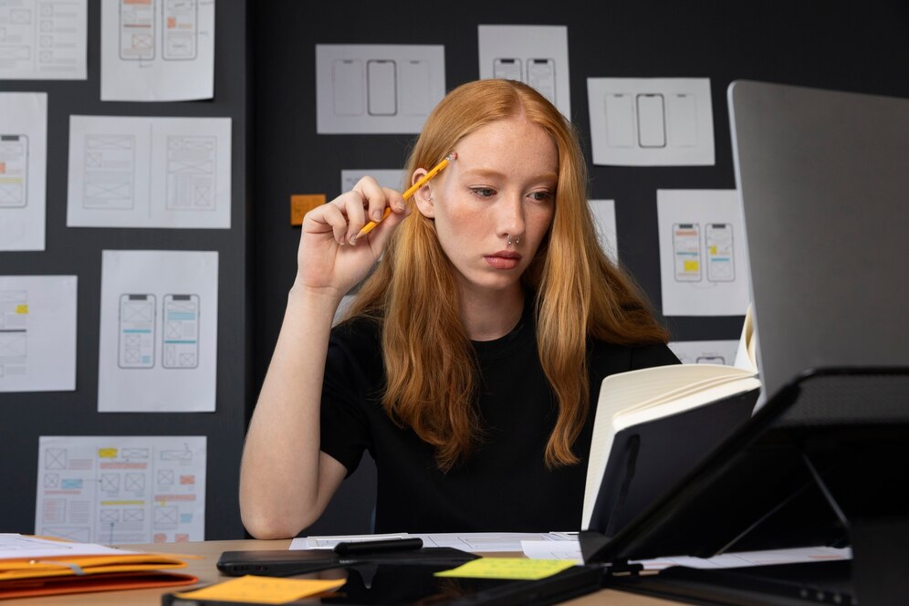 A woman thinking while holding a pencil and reading a book.