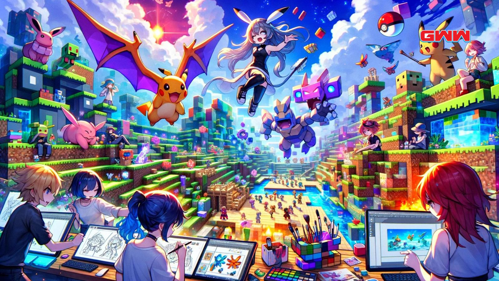 A vibrant scene showing the process of creating anime-style Pokémon in a virtual world.