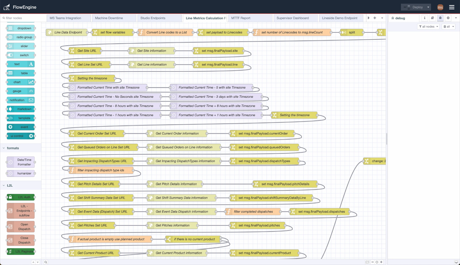 A desktop display of L2L FlowEngine configurations for line metrics calculation.