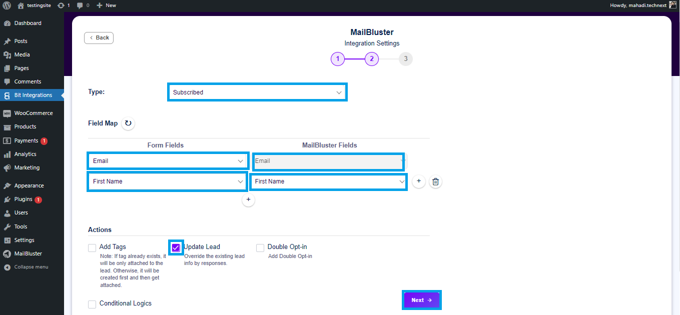 MailBluster integration settings Field Mapping