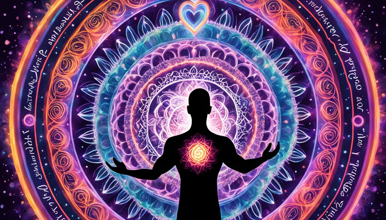 A heart-shaped mandala made up of glowing 3s, 6s, and 9s surrounded by swirling cosmic energy. In the center, a small figure stands holding up their hands, palms open and facing outwards, as if they are calling forth their soulmate. Above the mandala, the words "Manifest Love" are written in elegant script.