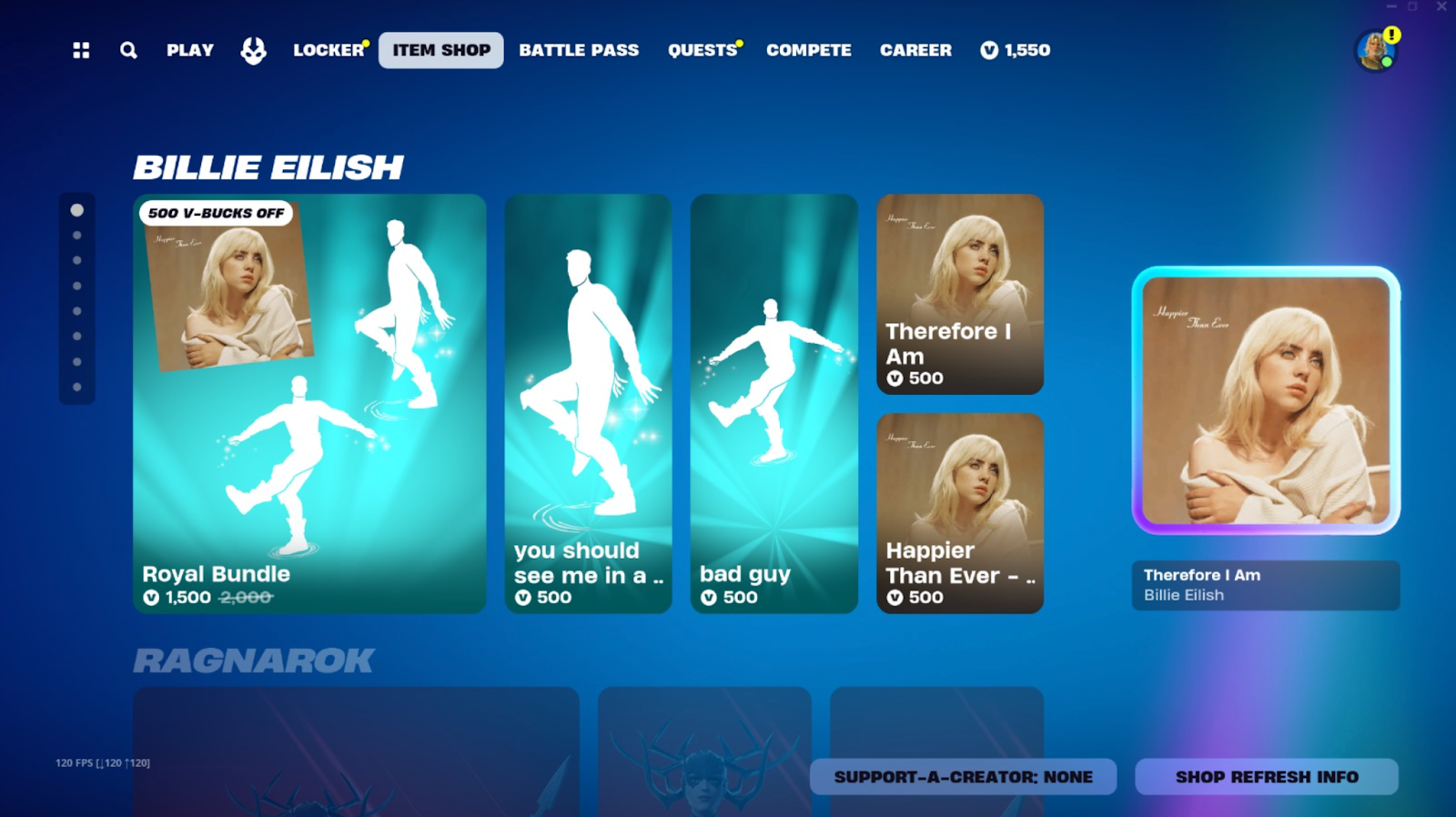 Screenshot of Fortnite's Item Shop showing a recent collaboration with Billy Eilish