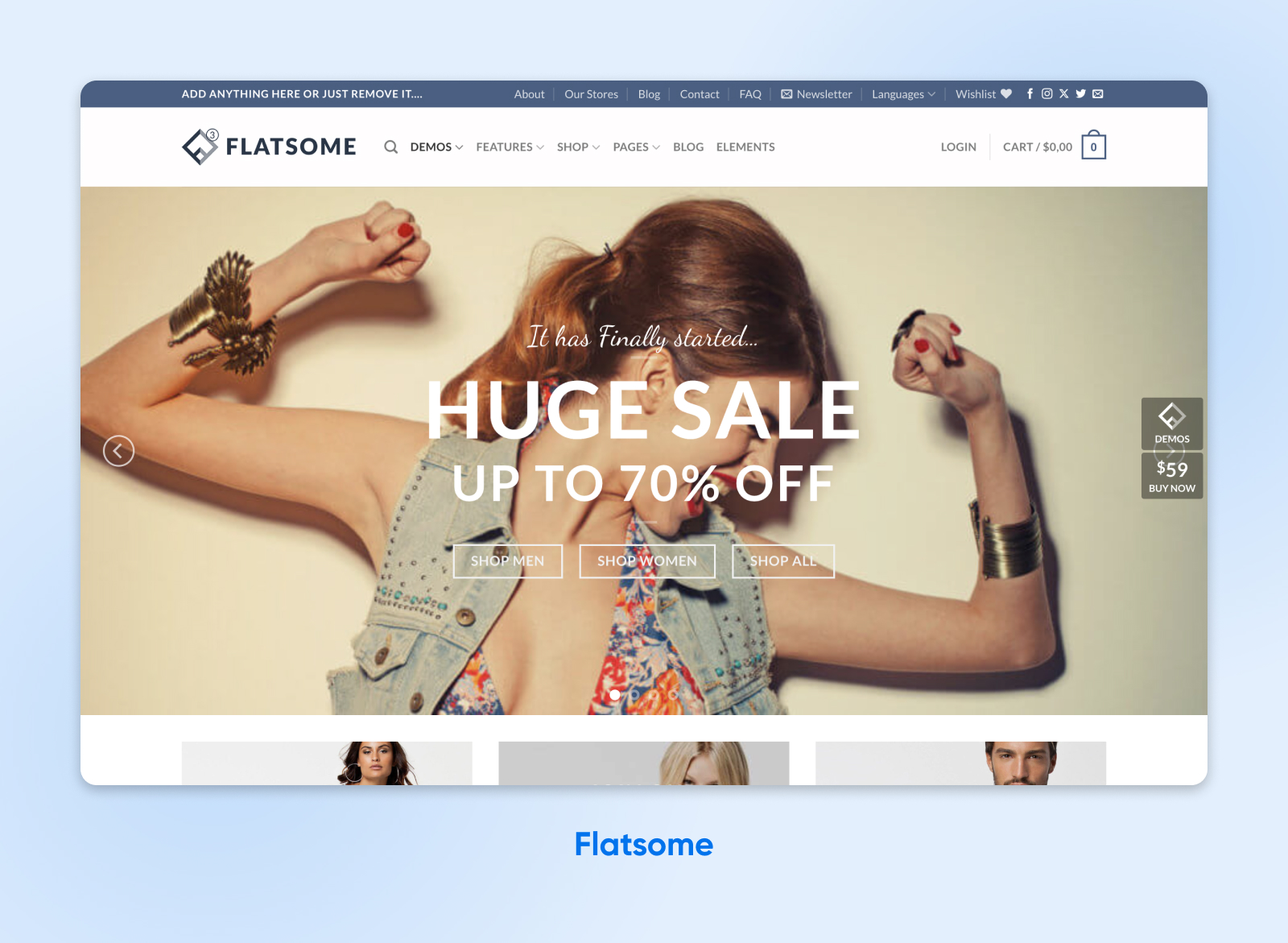 Tema Flatsome WooCommerce con una página de muestra de una tienda de comercio electrónico de ropa que anuncia un 70% de descuento.